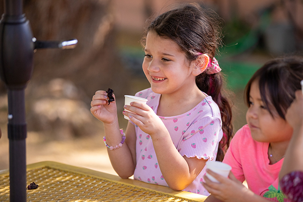 Two girls hold up white paper cups as they make hibiscus tea